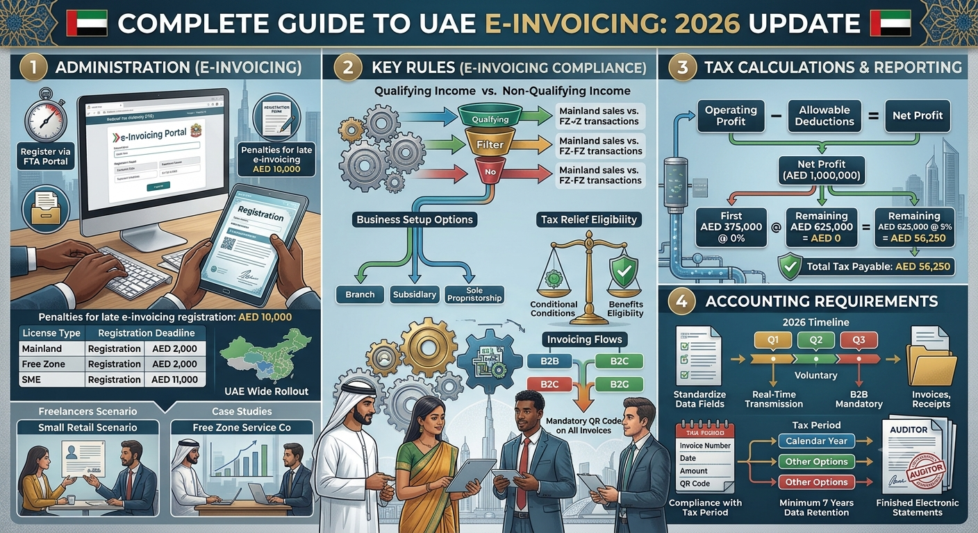 UAE e-Invoicing 2026 update infographic covering compliance rules, deadlines, and accounting requirements for SMEs.