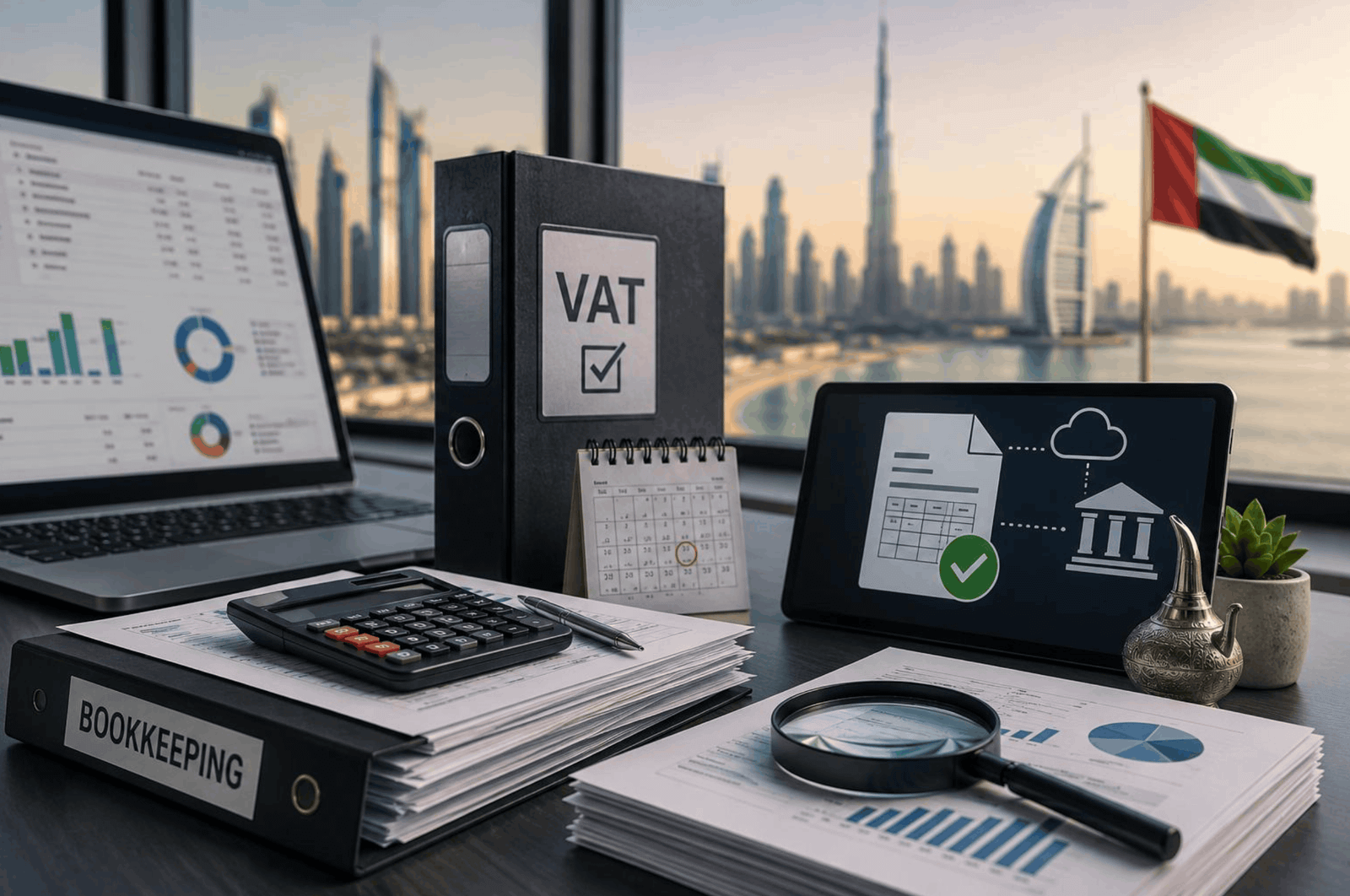Finance professional checking VAT invoices and tax records for a UAE business