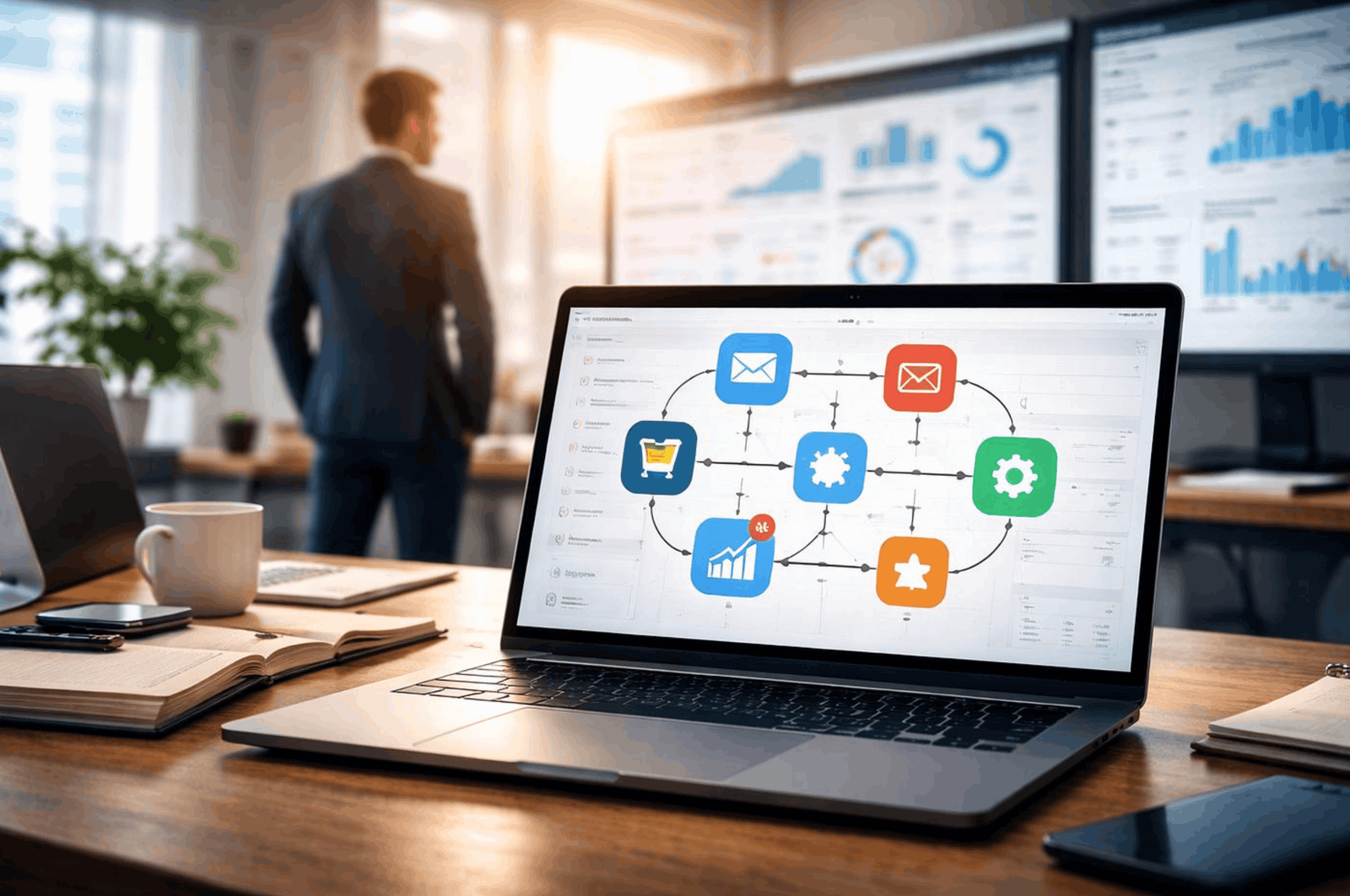 Business process automation software dashboard showing digital workflows and automated business tasks