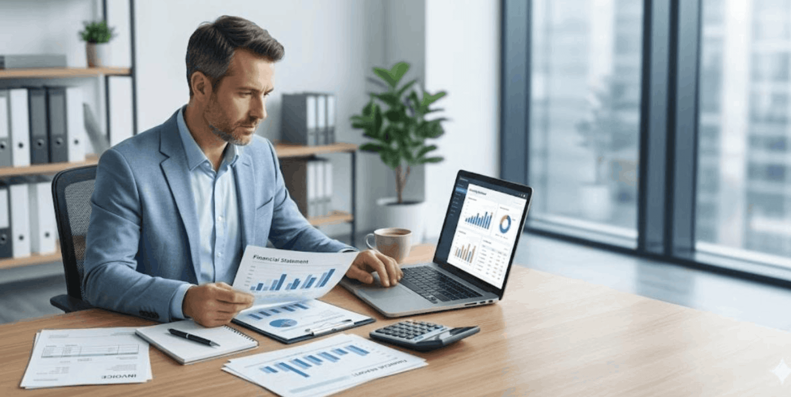 Bookkeeper reviewing financial statements and reconciling business transactions for a UAE company