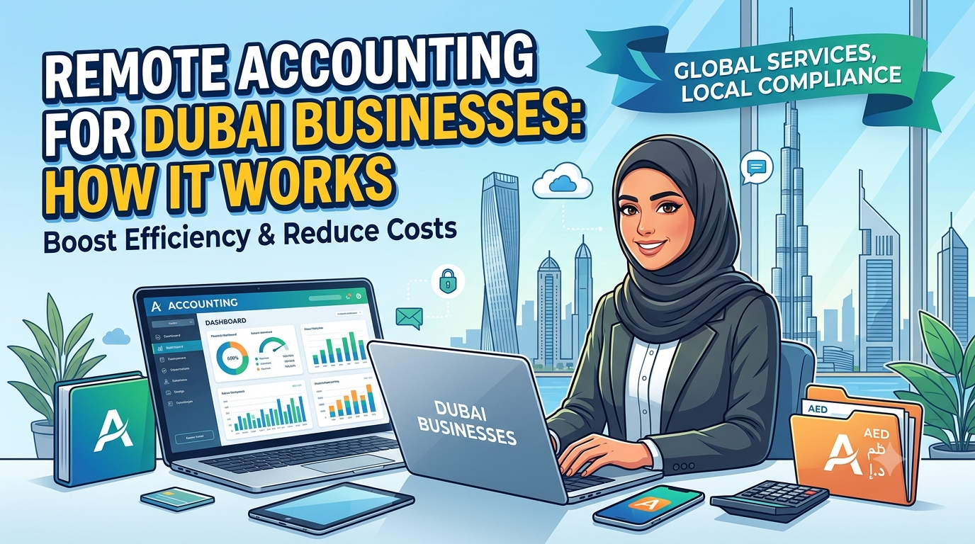 Accountant reviewing financial reports on a laptop for a remote accounting service in Dubai
